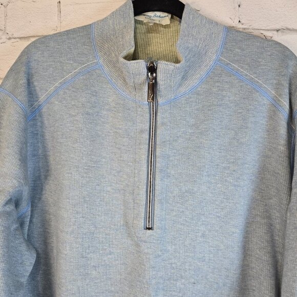TOMMY BAHAMA 1/4 ZIP PULLOVER MENS LIGHT BLUE REVERSIBLE SIZE XXL EUC - Picture 1 of 5